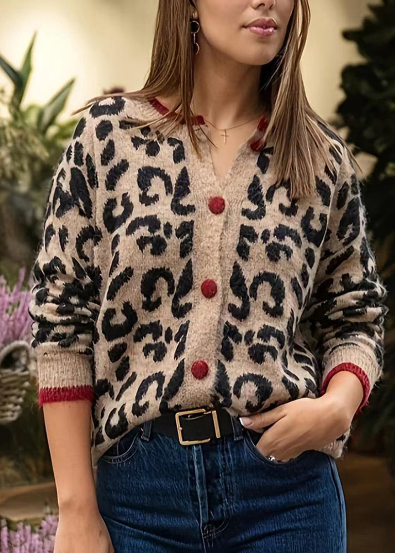 Style Leopard O Neck Button Knit Loose Coat Fall