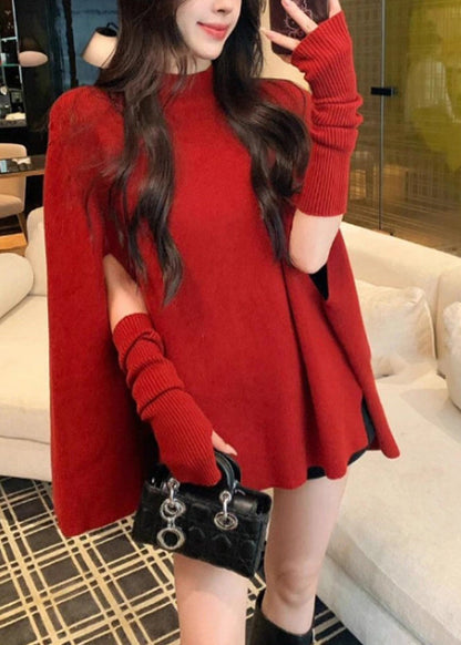 Red Stand Collar Oversized Knit Sweaters Batwing Sleeve