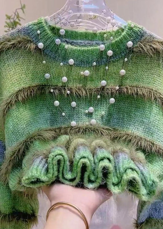 Stylish Gradient Color Green O-neck Striped Cozy Cotton Knit Sweaters Winter