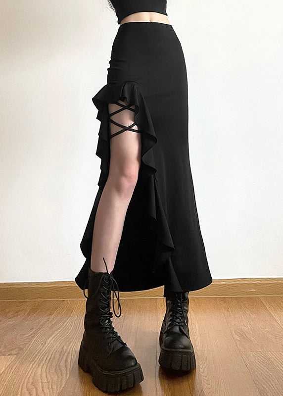 Black Ruffled Patchwor Side Open Fishtail Skirt Summer