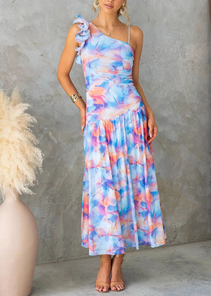 Purple Ruffled Print Tulle Spaghetti Strap Dresses Summer