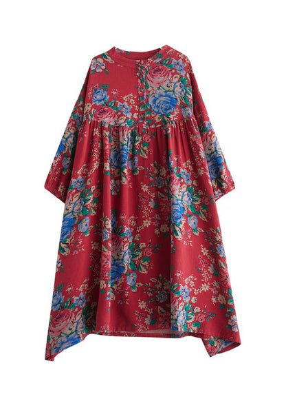 Red O Neck Print Wrinkled Cotton Dress Summer