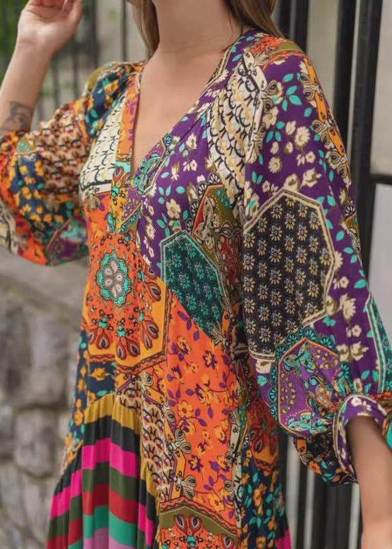 V Neck Print Wrinkled Cotton Long Dress Spring
