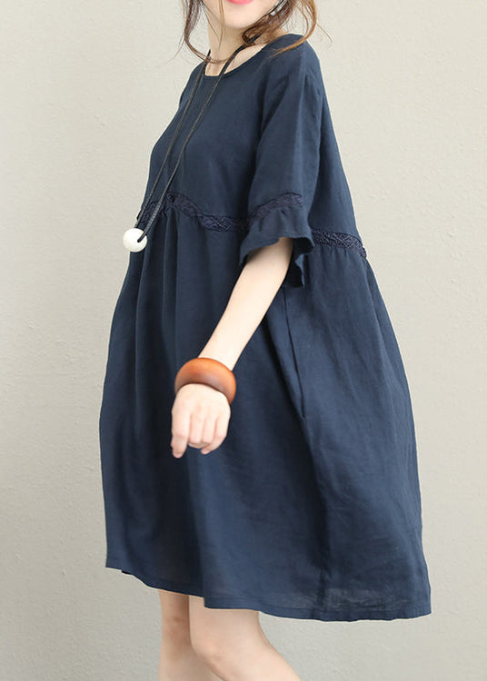 Fine Dark Blue Linen Knee Dress Oversized Linen Cotton Dress Boutique Flare Sleeve Lace Patchwork Linen Clothing Dress
