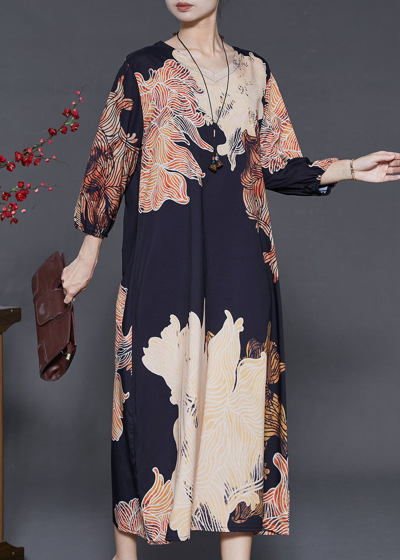 Black Oversized Print Silk Dress Summer