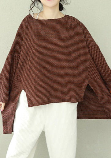 Asymmetric Cotton Fine Work Black Brown Plaid Oversized Tops