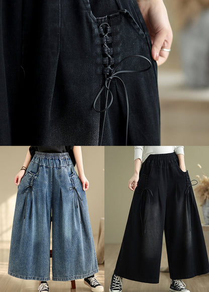 Modern Black Cross Strap Denim Wide Leg Pants Summer