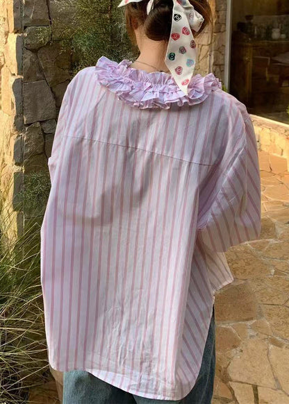 Pink V Neck Ruffled Striped Shirts Spring