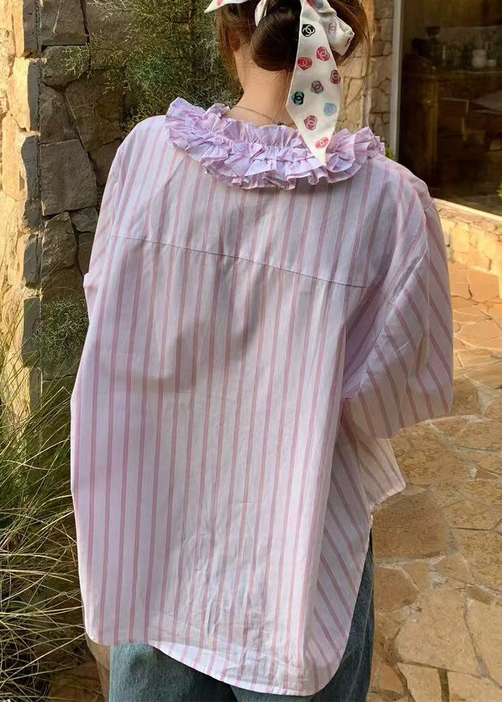 Pink V Neck Ruffled Striped Shirts Spring