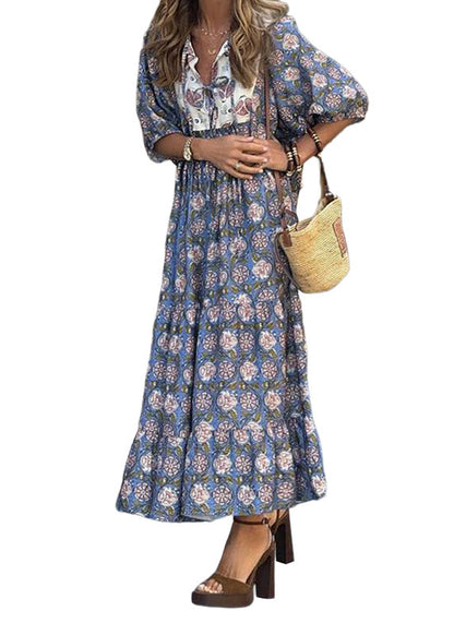 Blue Print Lace Up Cotton Vacation Dresses Summer