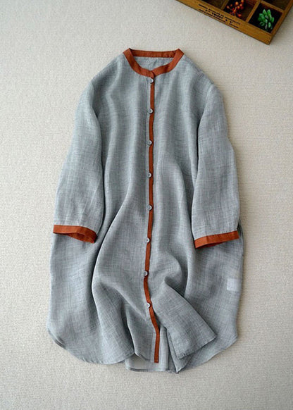 Caramel Stand Collar Button Linen Shirt Tops Bracelet Sleeve