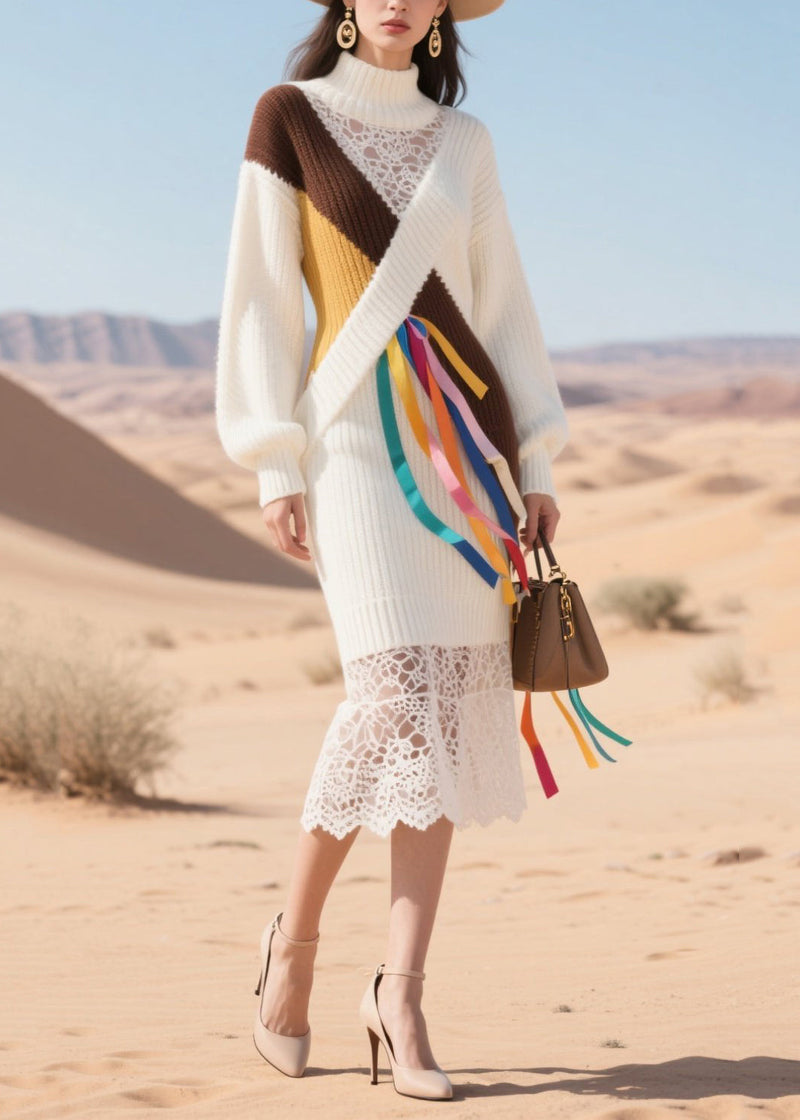 White Turtle Neck Patchwork Hollow Out Knitted Dress Winter