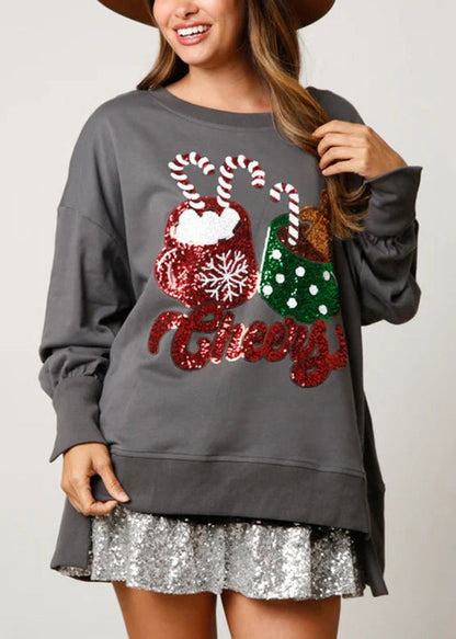 Grey O Neck Sequins Cotton Christmas Sweatshirt Winter