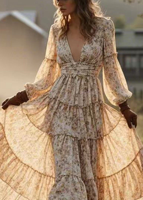 Yellow Print Patchwork Chiffon Maxi Dresses Spring