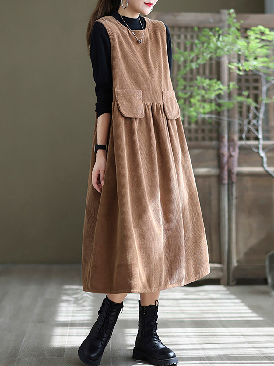 - Corduroy Pocket Sleeveless Pinafore Dress