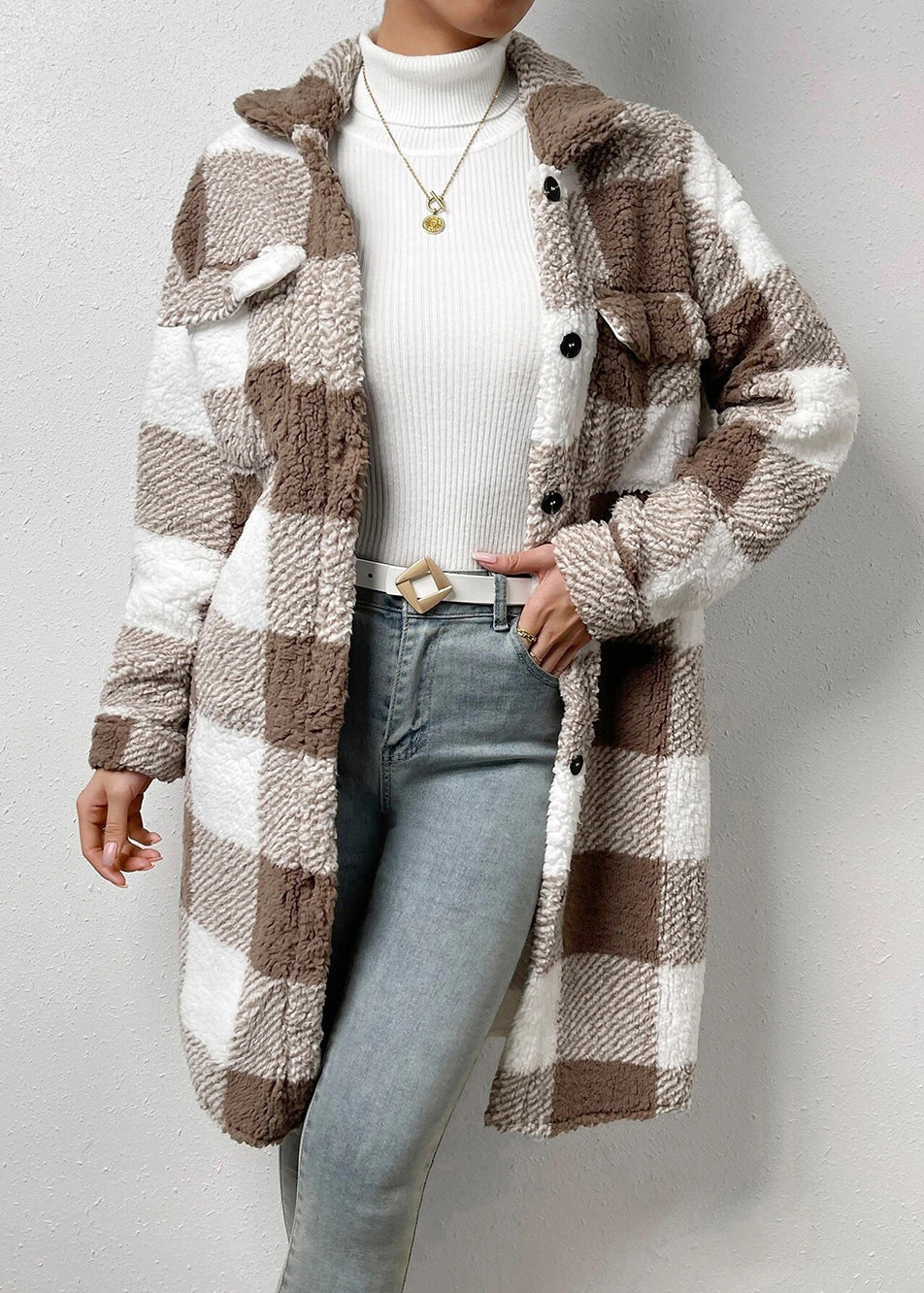 Blue Peter Pan Collar Pockets Plaid Faux Fur Coats Fall