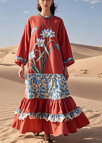 French Red Patchwork Ruffled Cotton Long Dresses Fall