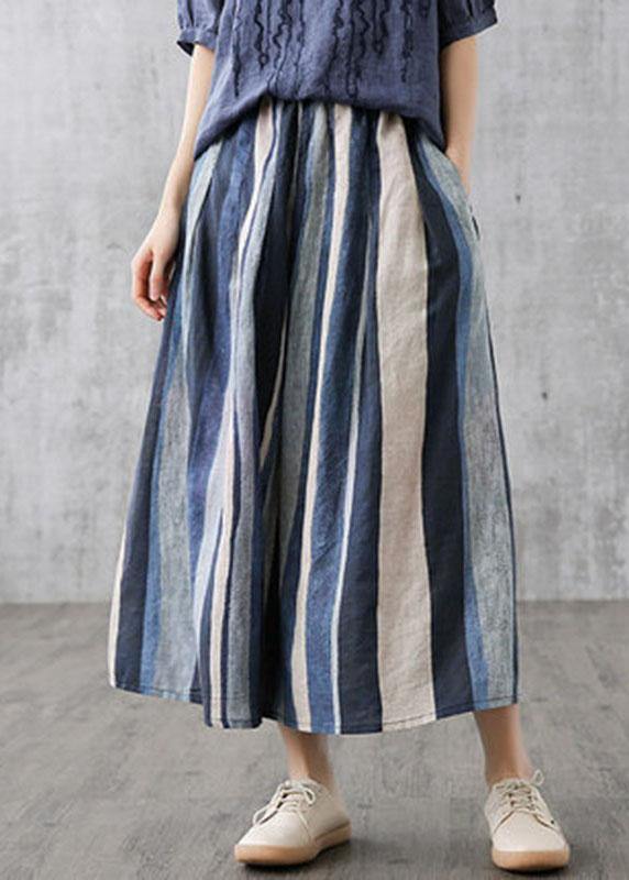 Navy Retro Striped a Line Summer Skirts Linen