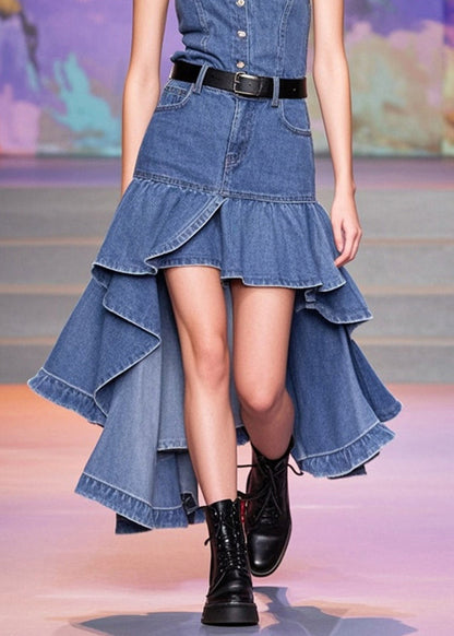 Blue Asymmetrical Patchwork Denim Wraped Skirts Spring