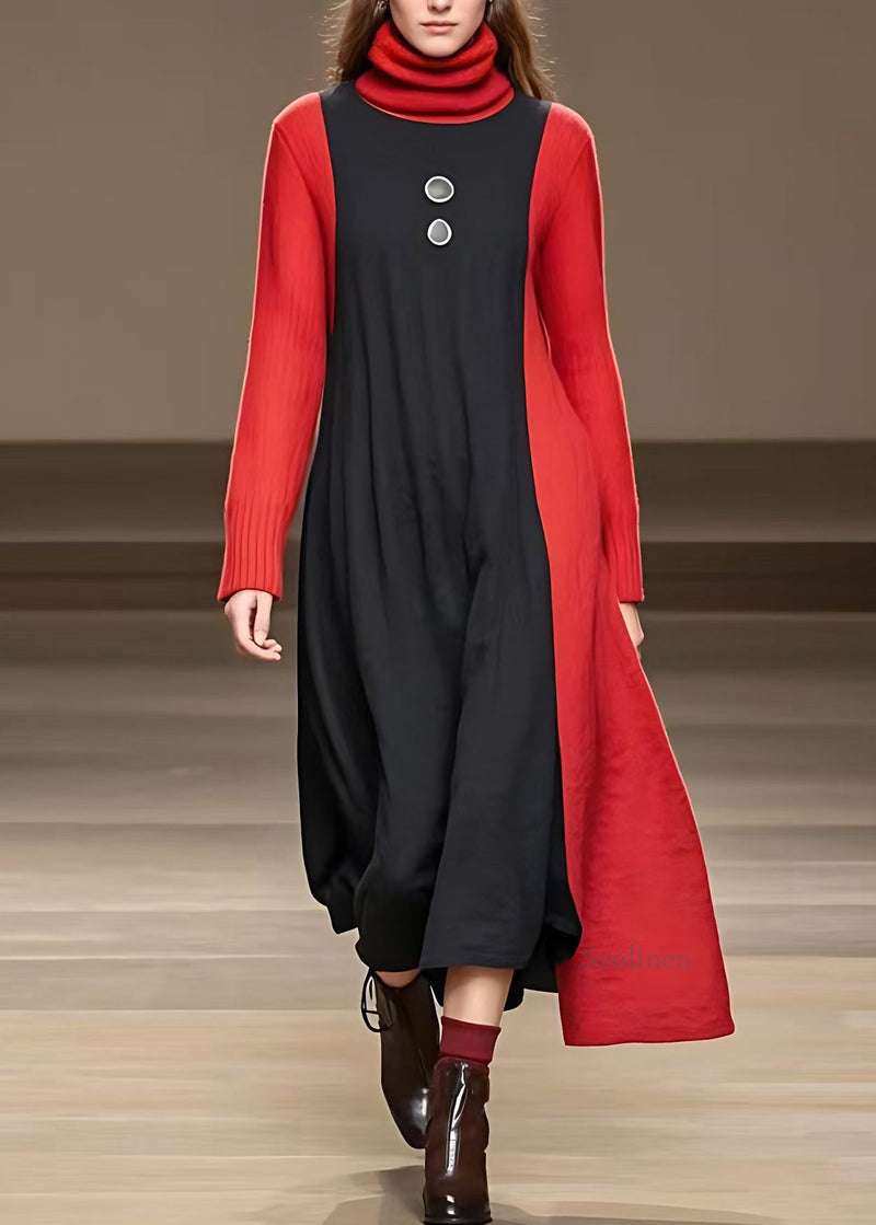 Black Asymmetrical Patchwork Party Maxi Dress Long Sleeve