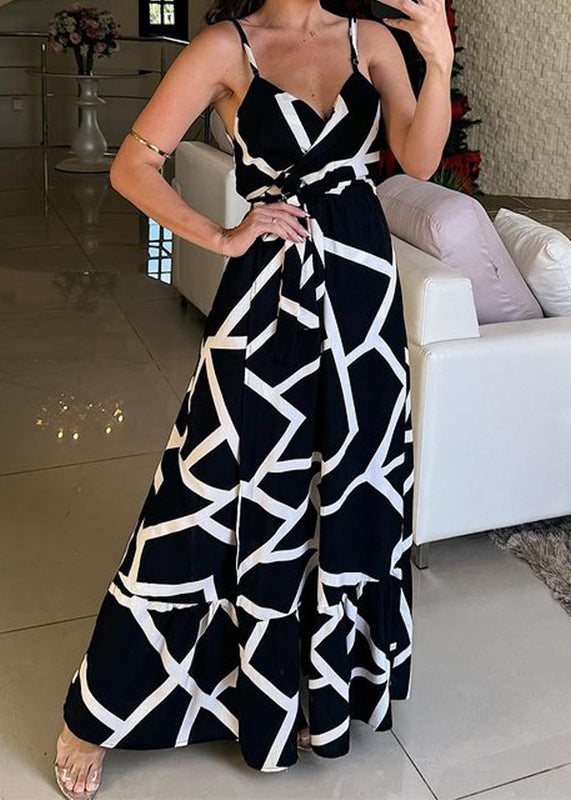 Stylish Black Print Lace Up Side Open Cotton Long Dresses Summer