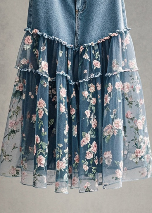 Pink Flower Print Patchwork Tulle Denim Skirt Fall