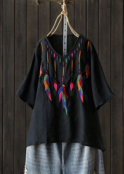 Classy Red Embroidered Low High Design V Neck Linen Shirt Top Short Sleeve