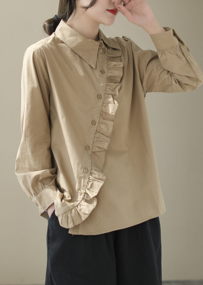 Khaki Patchwork Cotton Blouse Top Ruffled Long Sleeve