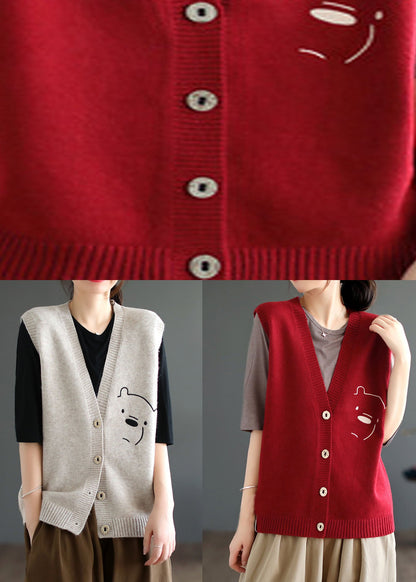Khaki Warm Knit Beach Vest V Neck Bear Jacquard Winter