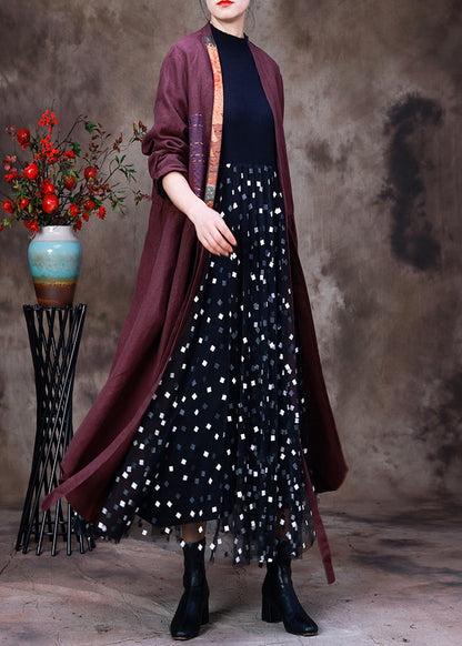 Handmade Purple V Neck Embroideried Patchwork Tie Waist Linen Cardigans Half Sleeve