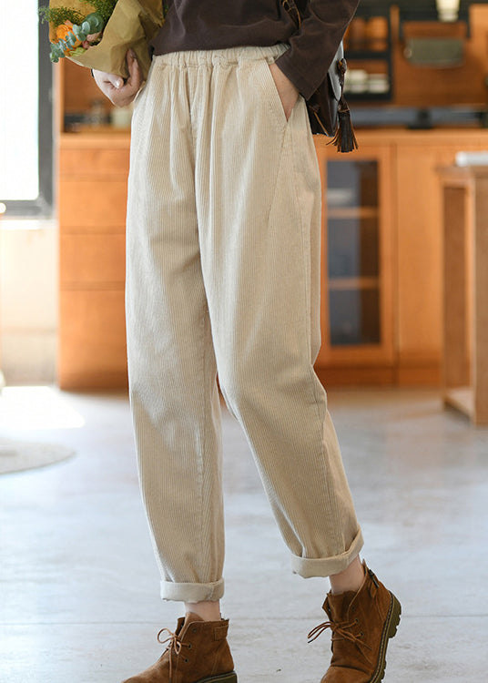 Beige Pockets Elastic Waist Corduroy Pants Spring