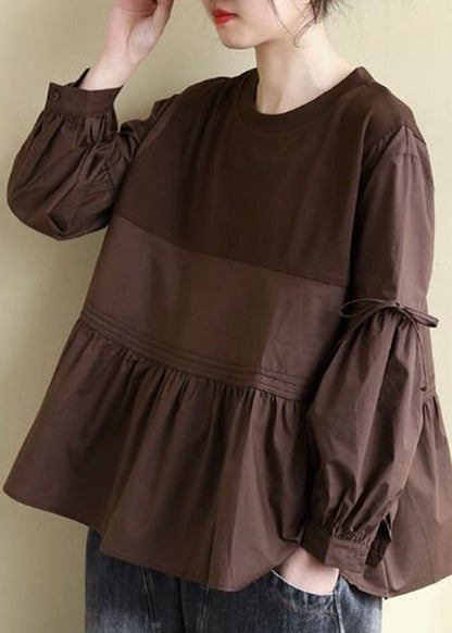 Chocolate O-neck Patchwork Wrinkled Cotton Top Long Sleeve