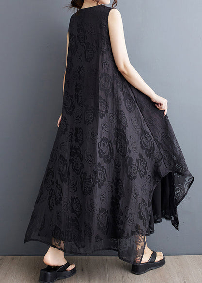 Black O-neck Asymmetrical Hollow Out Holiday Lace Maxi Dress Summer