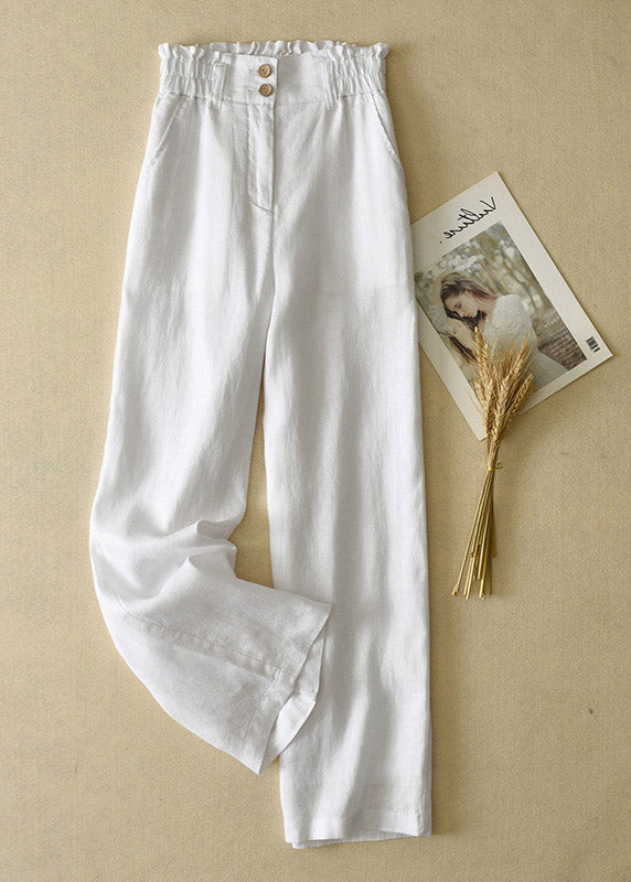 Blue High Waist Button Linen Straigh Pants Summer