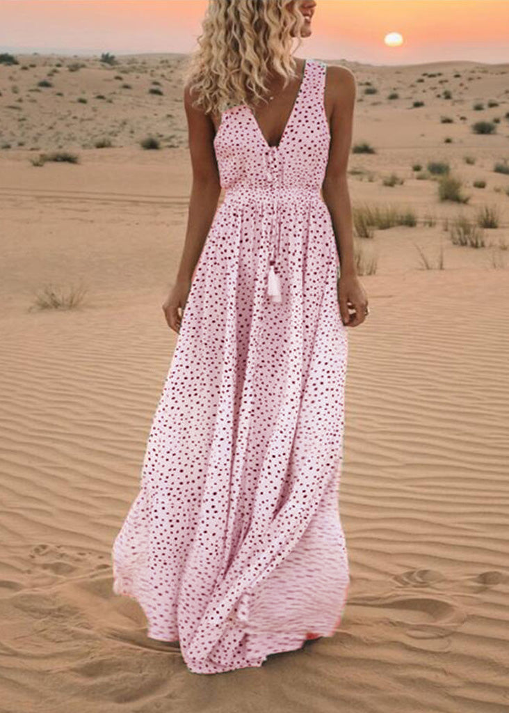 Blue V Neck Dot Print Chiffon Dress Sleeveless
