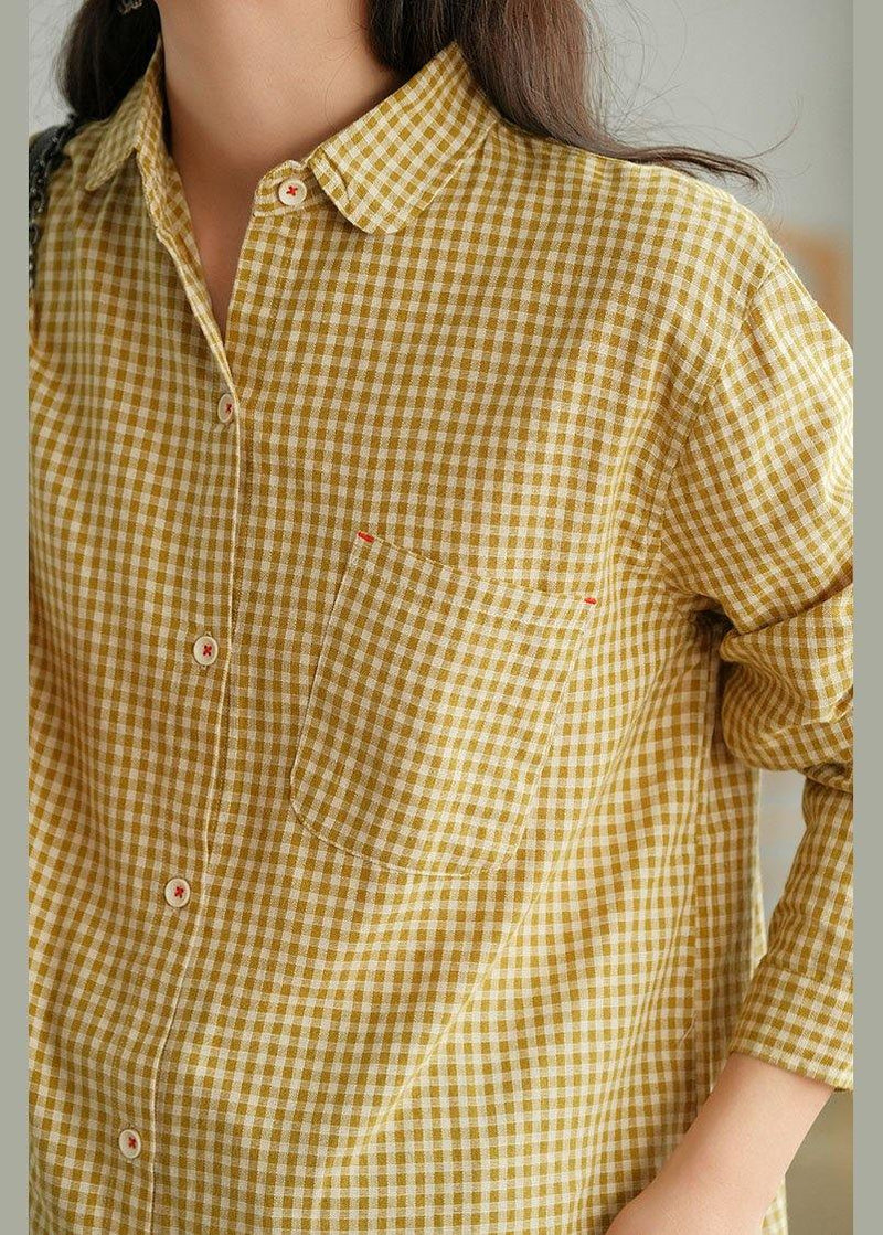 Yellow Plaid Retro Pockets Fall Long Sleeve Blouse Top