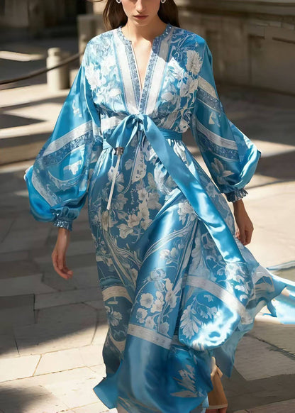 Blue Print Draping Silk Maxi Dress Lantern Sleeve