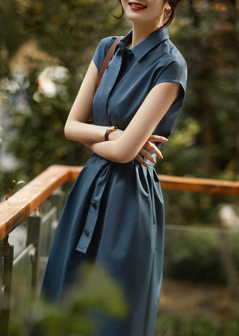 Navy Cinched Cotton Long Dress Summer