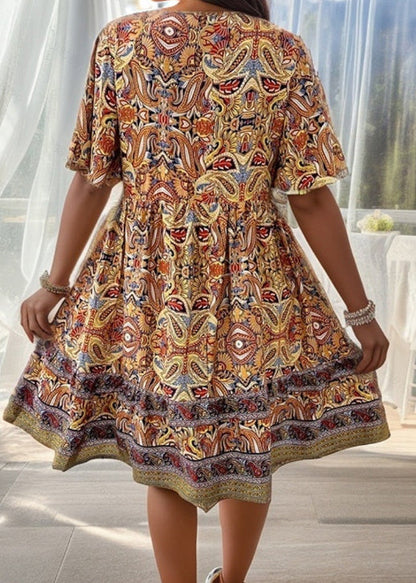 Yellow V Neck Print Cotton Mid Dress Summer