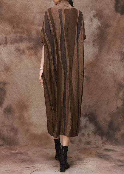 French Coffee Striped Turtleneck Patchwork Cashmere Dress Fall