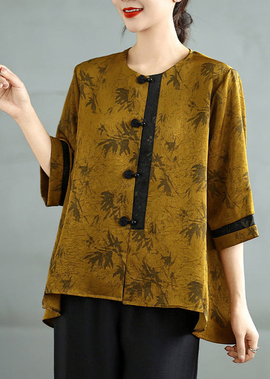 Fine Brown Chinese Button Print Silk Tops Bracelet Sleeve