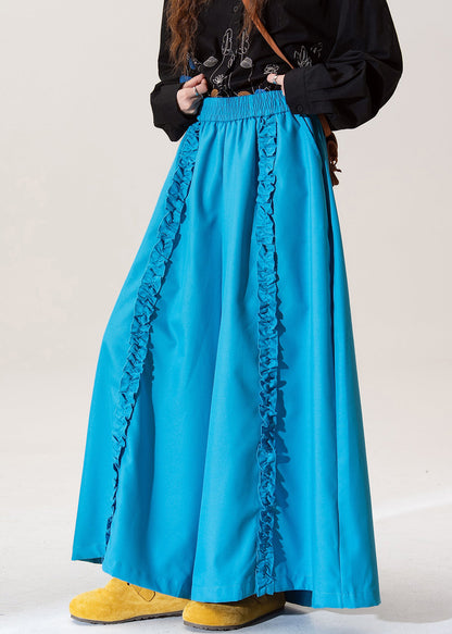 Blue Ruffled Elastic Waist Cotton Pants Fall