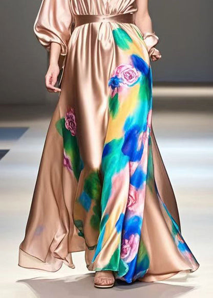 Brown Print Exra Large Hem Silk Long Dress Fall