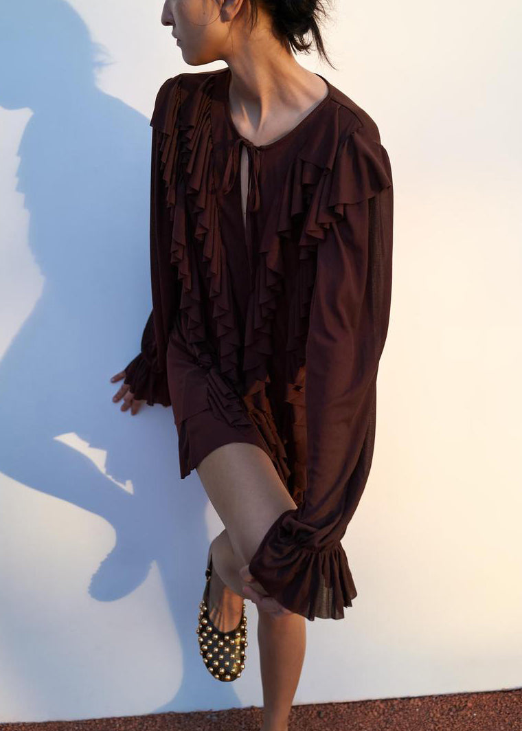 Chocolate Ruffled Lace Up Cotton Mini Dress Butterfly Sleeve