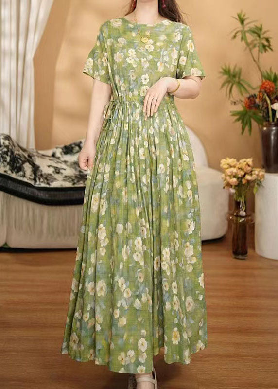 Grass Green Cinched Print Cotton Ankle Dress Summer