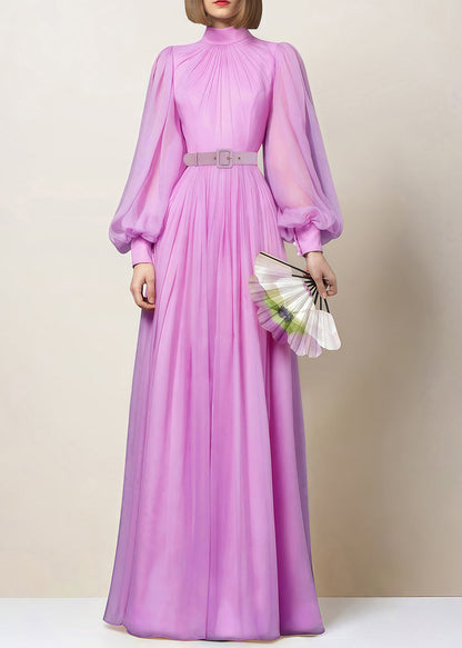 Purple Wrinkled Chiffon Dress Lantern Sleeve