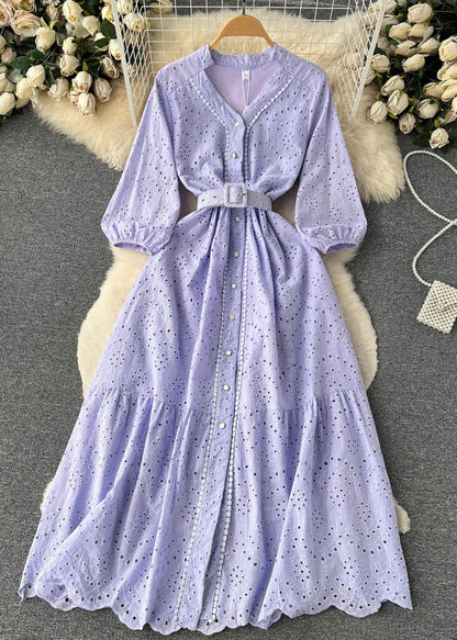 Purple Button Hollow Out Cotton Shirts Dress Long Sleeve