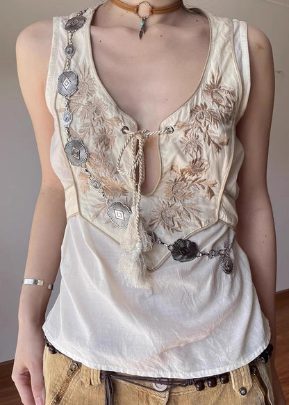 Diy White Embroidered Patchwork Cotton Vests Summer