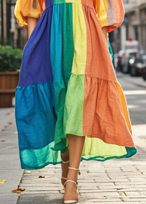 Handmade Colorblock Oversized Patchwork Cotton Dresses Lantern Sleeve
