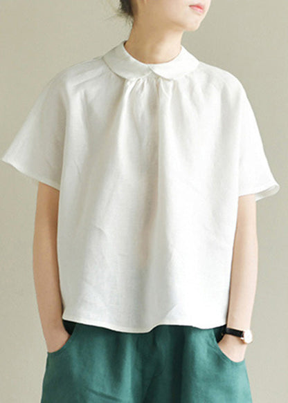 Simple Green Peter Pan Collar Linen Shirt Summer